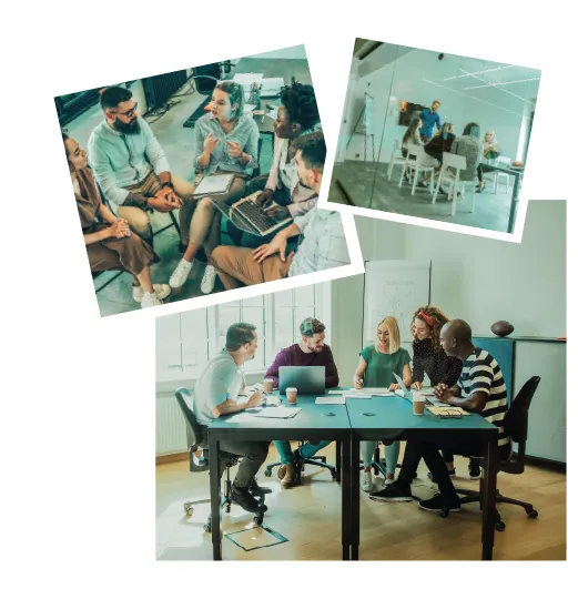 Collage of co-workers sitting around a table working together